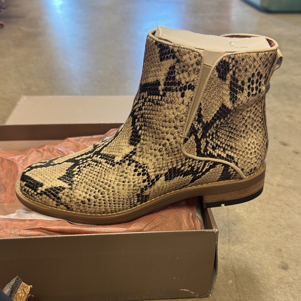 Franco Sarto Snake-Print Ankle Boot in Beige and Black